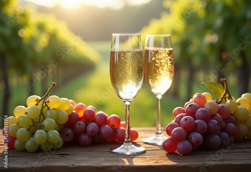 chilled glasses white wine surrounded fresh grapes vibrant still life arrangement, alcohol, drink, beverage, sip, liquid, fruit, table, refreshment