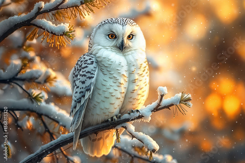 Snowy Owl on a pine tree branch in a Winter sunrise