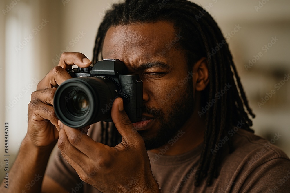 Focused Photographer Capturing Moments with a DSLR Camera in a Cozy Indoor Setting Focused Photographer Capturing Moments with a DSLR Camera in a Cozy Indoor Setting