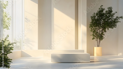 3. A tall, geometric podium in a bright, airy space, perfect for showcasing a modern product