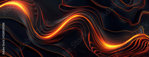 Abstract black backgrounds swirl spiral flow curve wave orange red glowing lines graphics features motion.