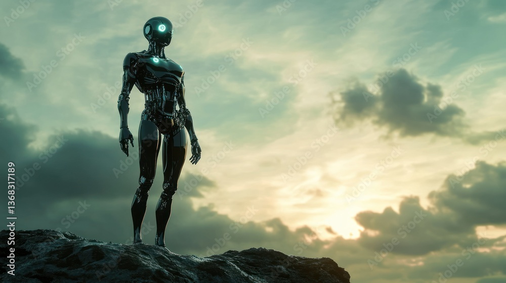 A metallic robot stands atop a rocky surface at dusk A metallic robot stands atop a rocky surface at dusk