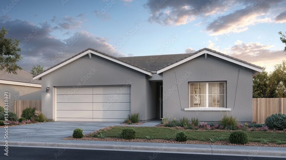 Modern House Exterior Render, Dusk Sky, Front Yard, Suburban Neighborhood Modern House Exterior Render, Dusk Sky, Front Yard, Suburban Neighborhood