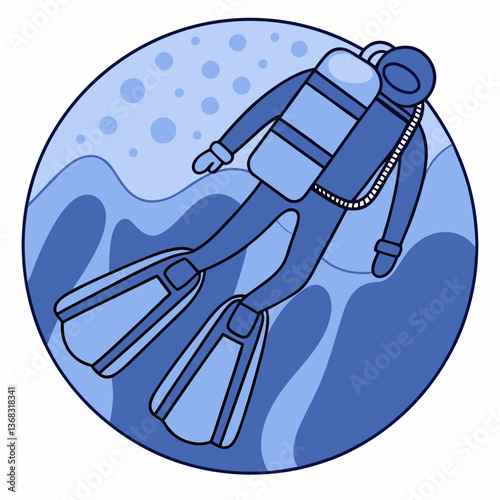 Scuba diver underwater in blue circular vector style