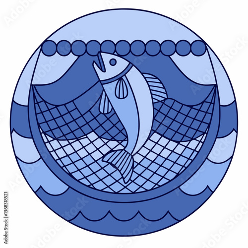 Fish caught in net above ocean in circular vector scene