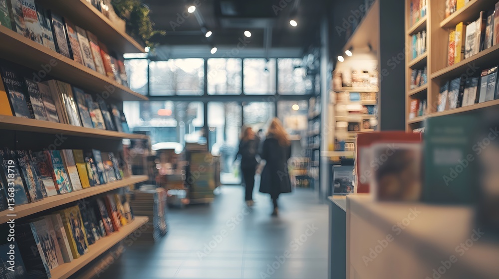 Blurred Scandinavian-style bookstore with readers in the background Blurred Scandinavian-style bookstore with readers in the background