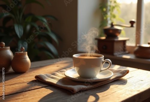 Wallpaper Mural classic coffee cup rustic wooden table cozy warm beverage relaxing moment morning brew, mug, drink, steam, aroma, home, ceramic, warmth, texture, relaxation Torontodigital.ca