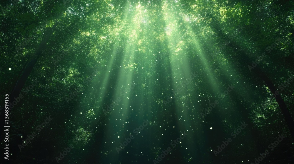Naklejka premium Sunlight streams through lush green forest canopy. Particles of light dance in the air