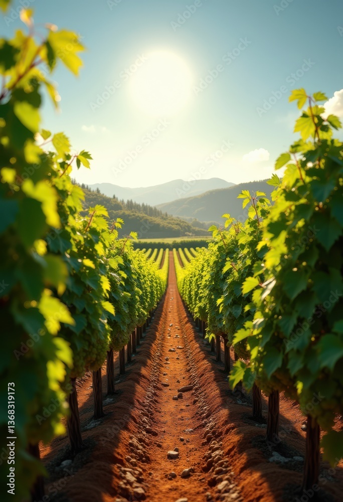 Fototapeta premium vibrant grape vines sunlit vineyard landscape lush greens rows nature agriculture scenery, sunlight, field, plant, fruit, clusters, foliage, terrain