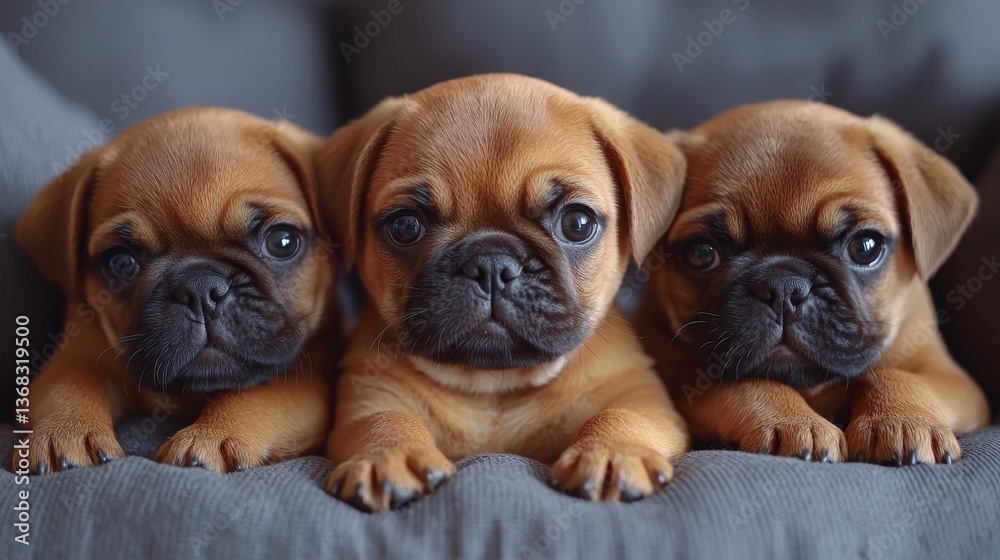 Fototapeta premium Adorable Trio of Playful Puppies Relaxing on Soft Couch