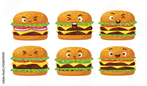 Vibrant cheeseburger designs showcasing a variety of animated faces to promote creative branding strategies

