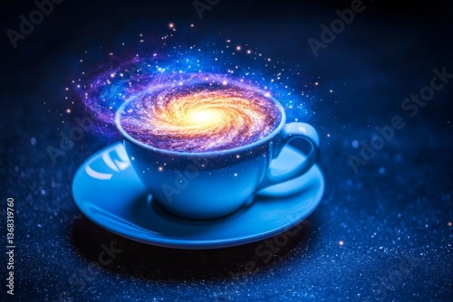 Surreal teacup or coffee cup with swirling galaxy inside, cosmic drink concept symbolizing imagination and creativity
