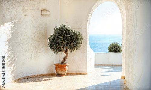 Ai generated image with a minimal Mediterranean veranda with an olive tree  