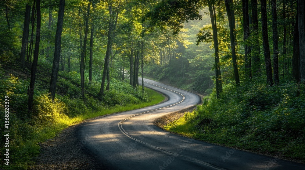 A curvy mountain road cutting through a dense forest, with sunlight creating a dappled effect on the road and surrounding trees --ar 16:9 --v 6.1 Job ID: 833195c4-bc72-4a95-892f-3fd60a7b6193