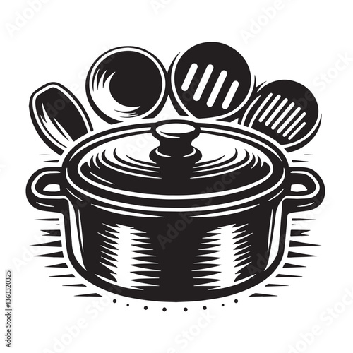 Black Color Casserole Dish Silhouette Vector Illustration, Solid White Background