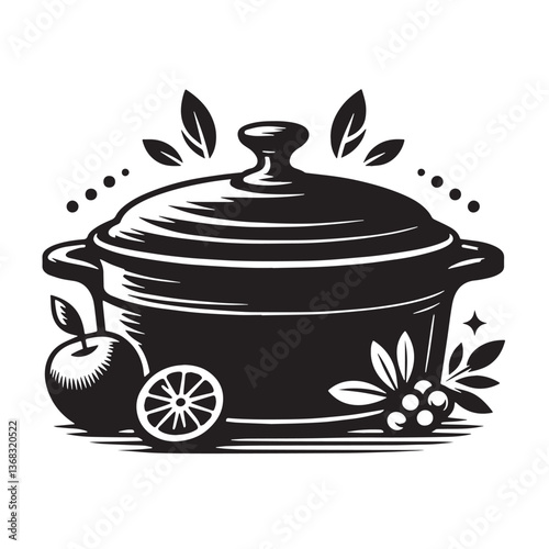 Black Color Casserole Dish Silhouette Vector Illustration, Solid White Background