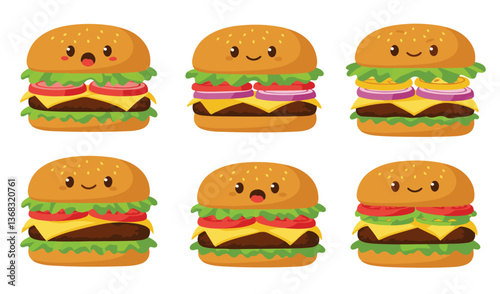 Cheerful burger characters with engaging facial expressions designed to captivate audiences and enhance marketing creativity

