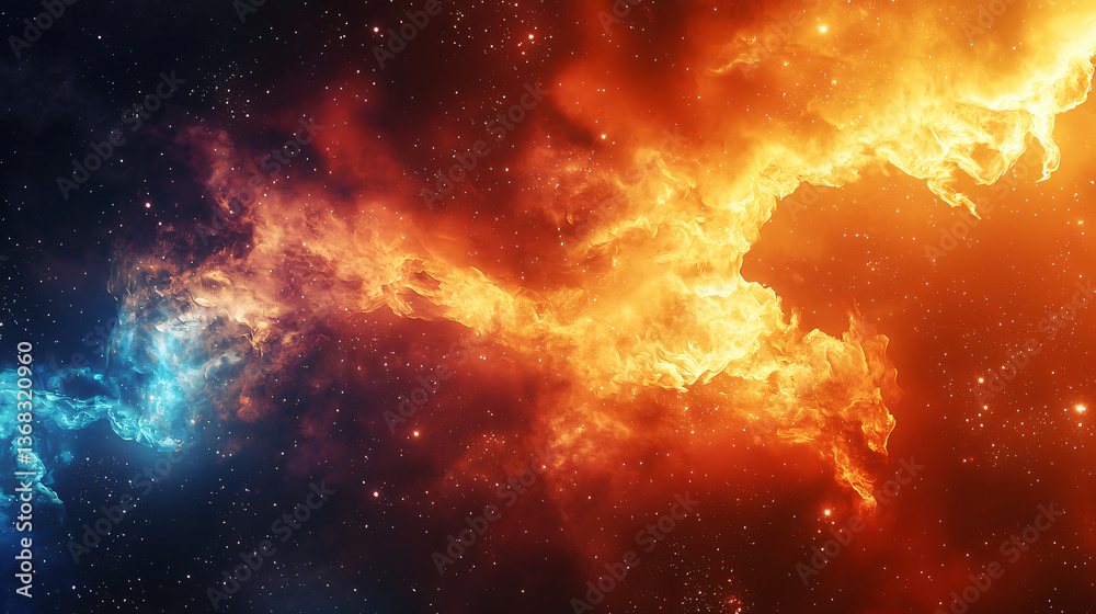 Naklejka premium Nebula with a bright star forming a stunning and colorful cosmic scene of chromatic cascades of celestial fire in the universe.