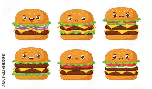Cheerful burger characters with engaging facial expressions designed to captivate audiences and enhance marketing creativity

