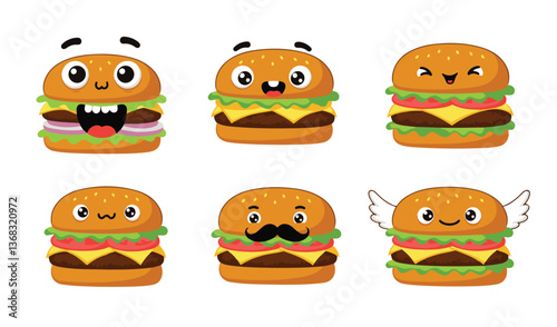 Cheerful burger characters with engaging facial expressions designed to captivate audiences and enhance marketing creativity

