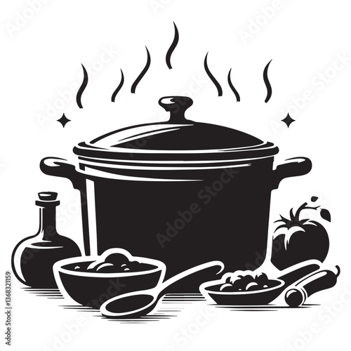 Black Color Casserole Dish Silhouette Vector Illustration, Solid White Background