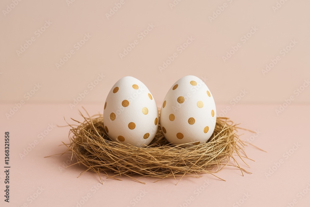 Obraz premium Two elegant white easter eggs decorated with golden polka dots are nestled in a small, rustic straw nest on a soft pink backdrop, creating a simple yet stylish easter scene