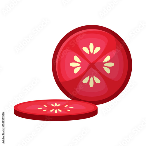 Vector illustration of fresh tomato slices with seeds, isolated on white background for food and cooking design