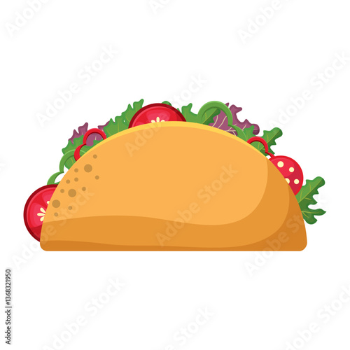 Vector illustration of a delicious taco filled with fresh vegetables and tomato slices, isolated on white background for Mexican food design