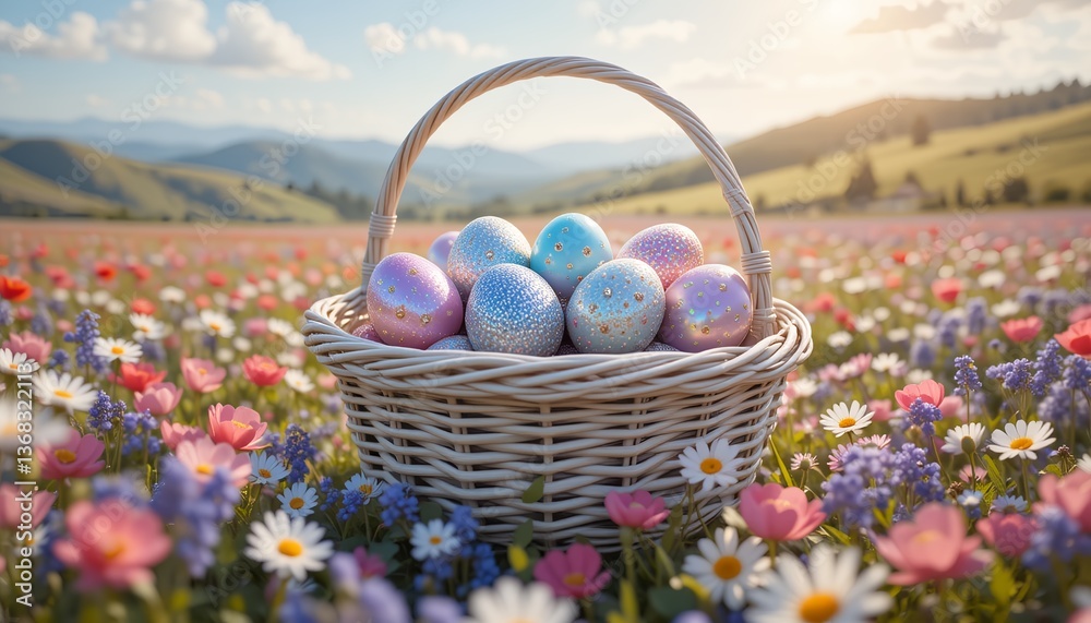 Colorful Easter Eggs in a Wicker Basket on a Vibrant Flower Field with Mountain Scenery. Colorful Easter Eggs in a Wicker Basket on a Vibrant Flower Field with Mountain Scenery.