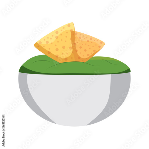 Vector illustration of a bowl of green guacamole with tortilla chips, isolated on white background for Mexican snack and appetizer design