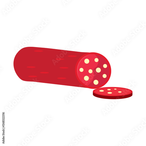 Vector Illustration of a Whole Salami Sausage with One Sliced Piece – Processed Meat Icon for Food and Culinary Designs