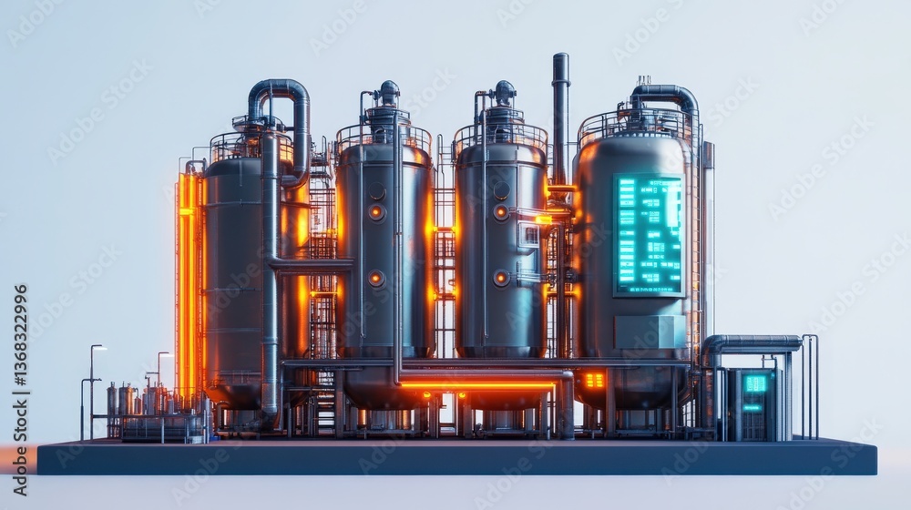 Obraz premium A complex industrial plant with futuristic metal structures and lighting