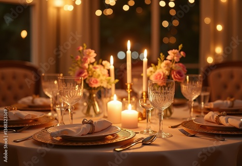 romantic candlelit dinner setup elegant decor intimate ambiance soft lighting table setting luxury dinnerware, plate, napkin, glass, linen, silverware, floral