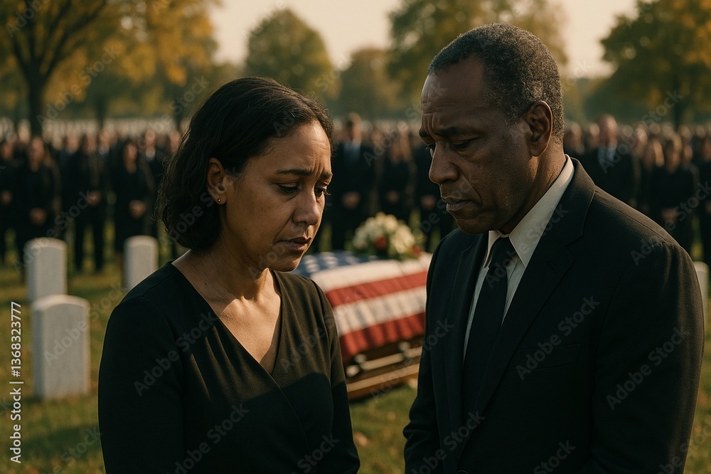 Somber Funeral Scene with Mourning Couple and Attendees in a Cemetery Somber Funeral Scene with Mourning Couple and Attendees in a Cemetery