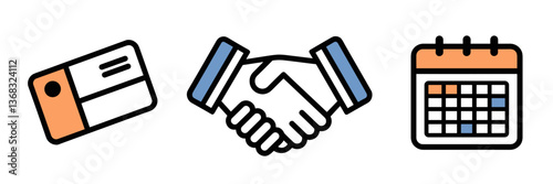 Business handshake, business card, and calendar in vector graphic