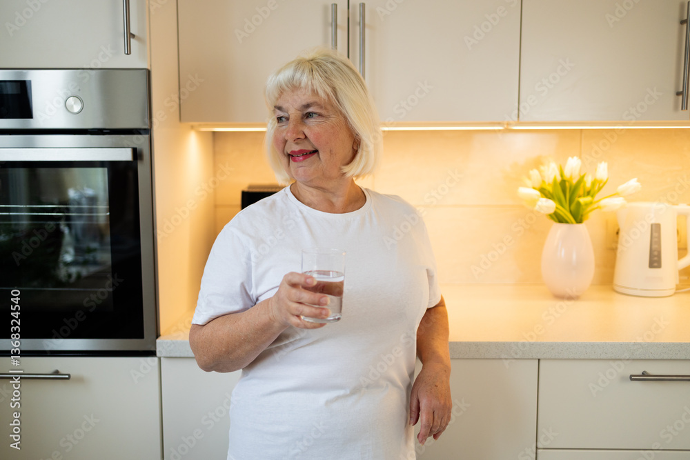 A joyful senior woman holding a glass of water in the kitchen, standing with a smile. This image captures the essence of healthy living and the pleasure of staying hydrated at home