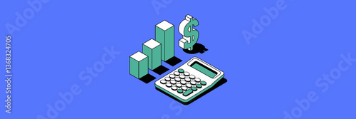 Vector illustration of business growth bar graph, dollar sign, and calculator on blue background