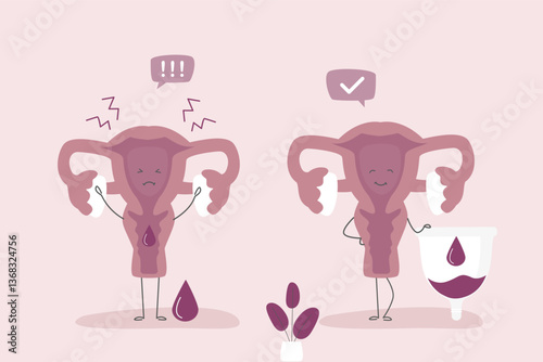 Unhappy uterus organs with blood blob and menstrual cup. Sick womb mascot. Menstrual period, PMS and ovulation, menstruation control. Women reproductive system.