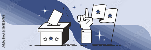 Civic engagement concept with ballot box, voting hand, and flag with stars