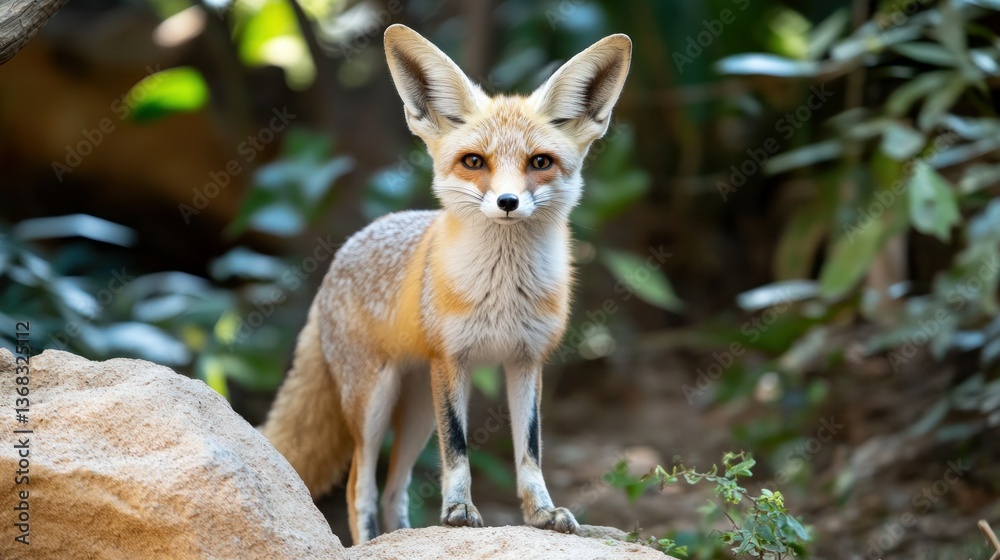Fototapeta premium A beautiful desert fox stands proudly and looks directly at the viewer