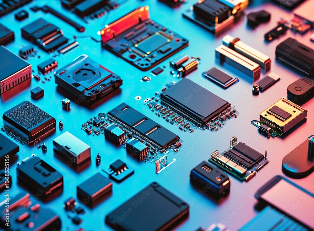 Photo of various electronic components and hard drives, including flash drives and hard disks with data transfer cables on a gradient background. Space for text or product display on the right side. Photo of various electronic components and hard drives, including flash drives and hard disks with data transfer cables on a gradient background. Space for text or product display on the right side.