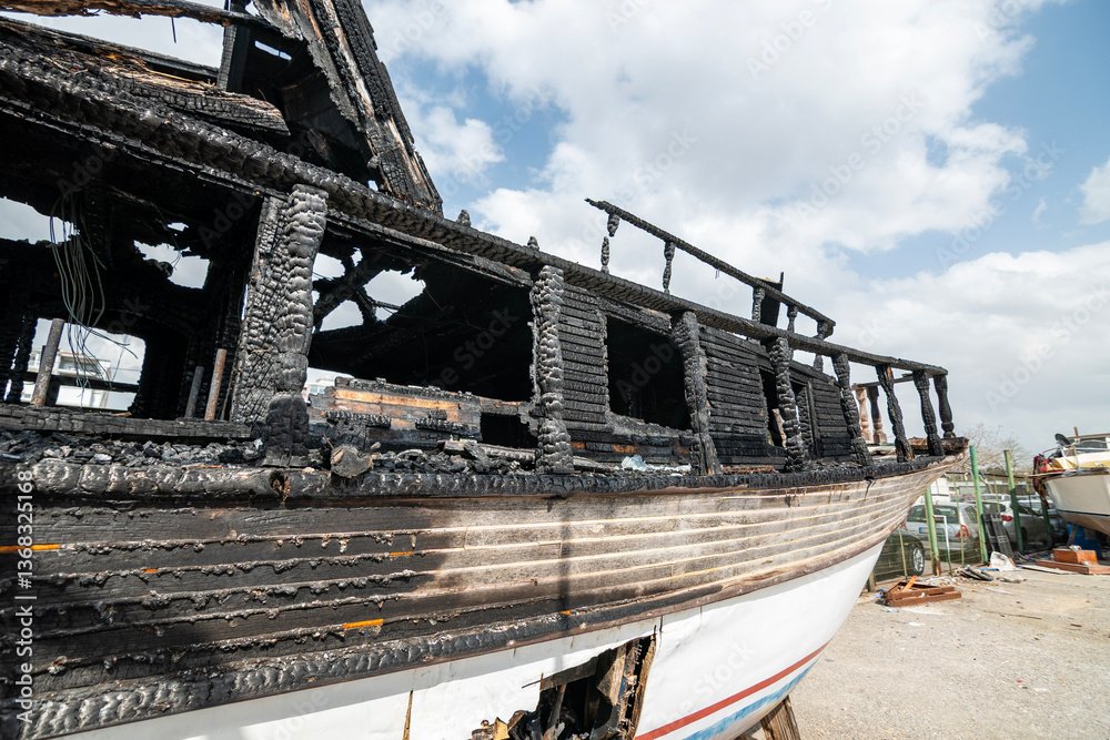 A wooden fishing boat burned in the harbor A wooden fishing boat burned in the harbor