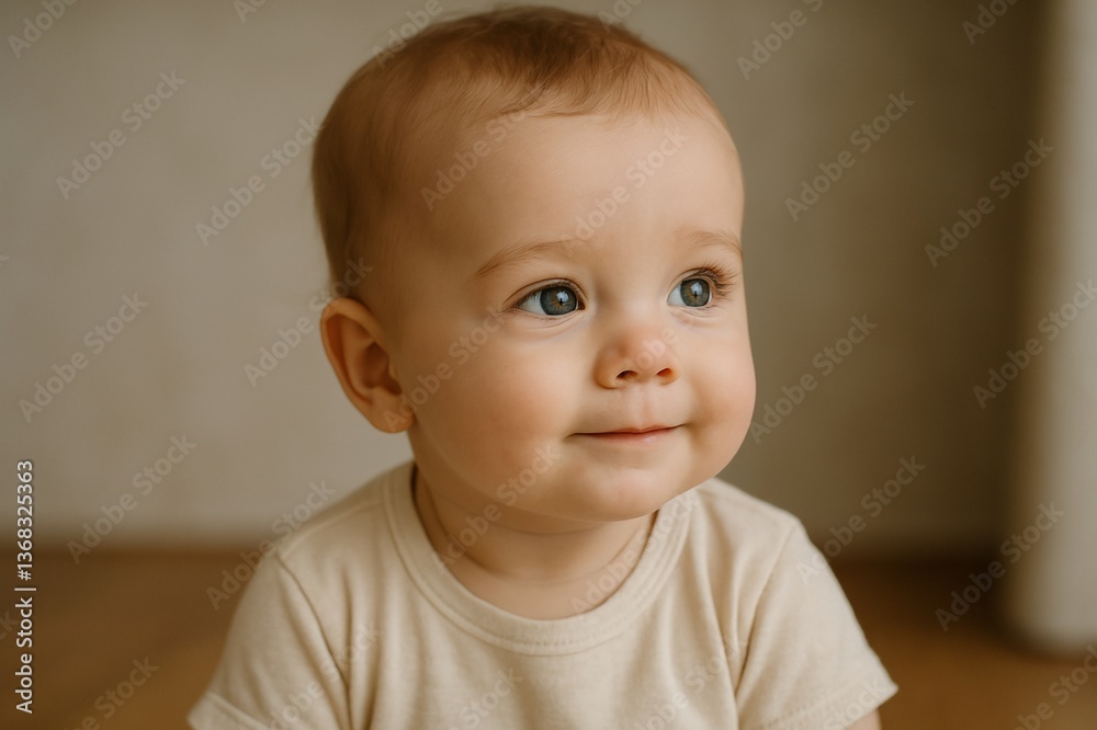 Cute Baby with Bright Blue Eyes Smiling in Soft Natural Light Cute Baby with Bright Blue Eyes Smiling in Soft Natural Light