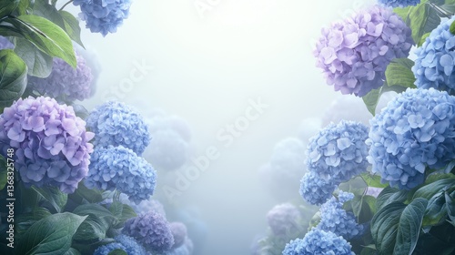 Wallpaper Mural A serene view of blue and purple hydrangeas in a misty environment. Torontodigital.ca