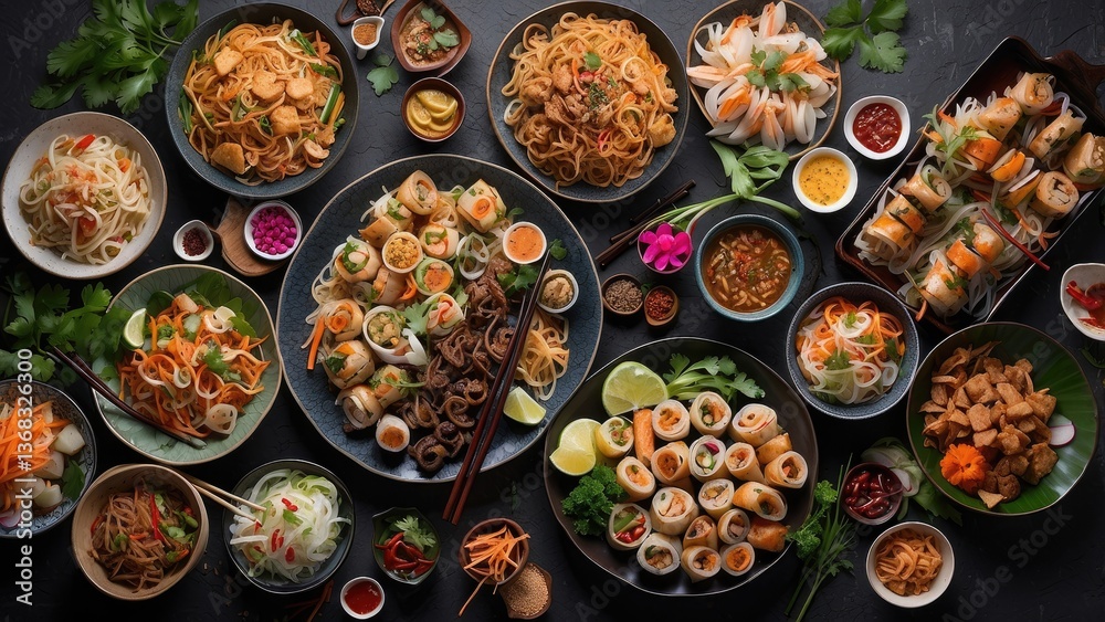 Fototapeta premium High-angle, full shot of various Asian dishes arranged on a dark stone surface.