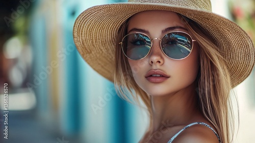 Fashion model wearing sunglasses and straw hat posing outdoors
