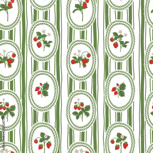 strawberry with flower in lace frame preppy flirty seamless pattern on striped background