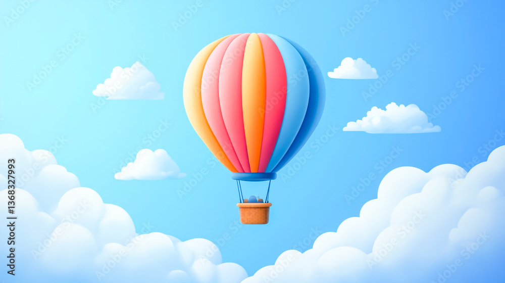 Fototapeta premium A colorful hot air balloon icon gracefully floating in a bright blue sky with soft, fluffy clouds