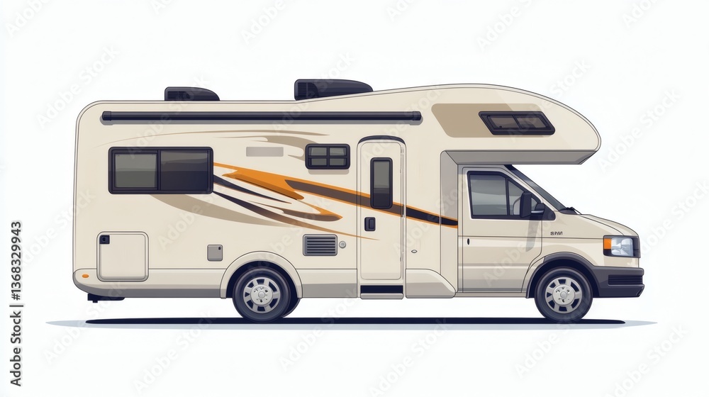 Beige Class C RV motorhome illustration, side view, showing details like windows, doors, and air vents. Beige Class C RV motorhome illustration, side view, showing details like windows, doors, and air vents.