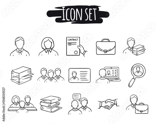 Office work. Business. Employees. Interview and hiring. Set of vector hand drawn icons for website, banner, poster